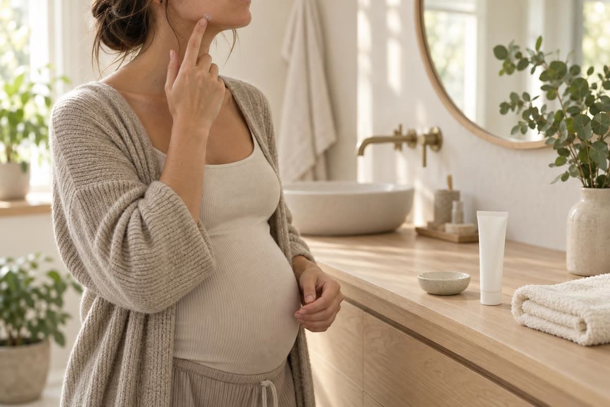 Personne enceinte sans visage visible appliquant une petite pointe de gel anti-acné transparent sur la mâchoire devant un meuble en chêne clair