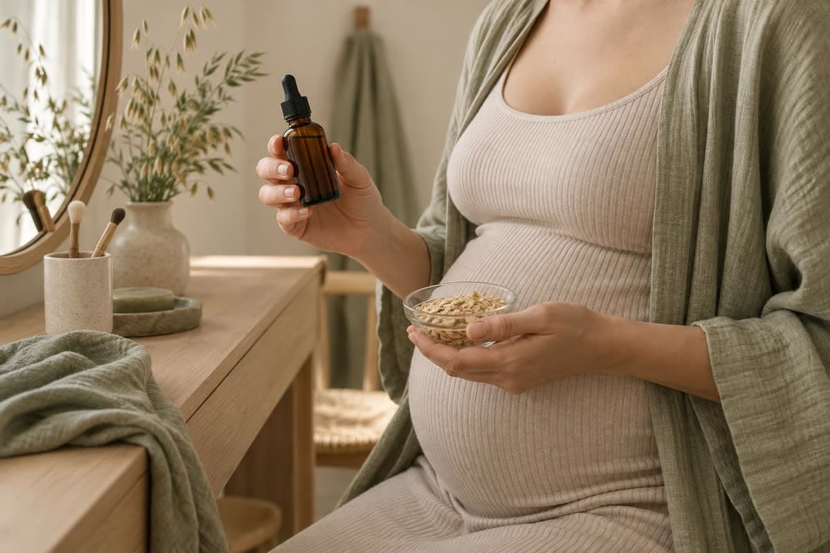 Faceless pregnant person holding an unlabelled amber serum bottle and a glass dish of oats at a pale oak vanity