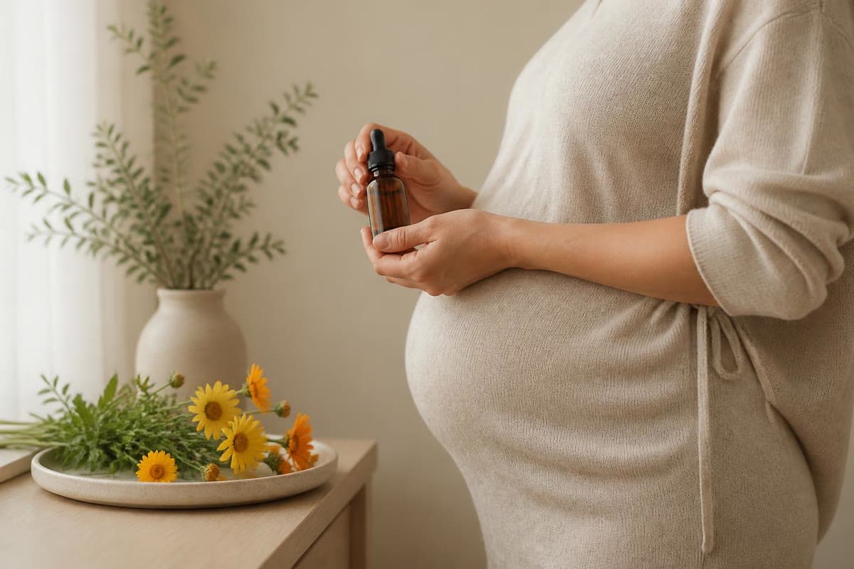 Personne enceinte sans visage visible tenant un flacon ambré sans étiquette près de fleurs de calendula à la lumière naturelle