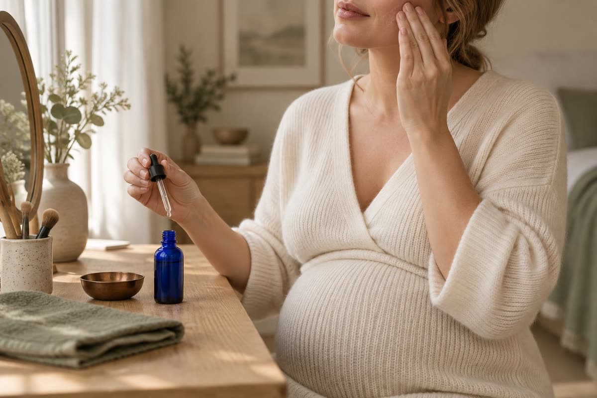 Faceless pregnant person applying clear facial serum beside an unlabelled blue dropper bottle and copper-toned dish at a pale oak vanity