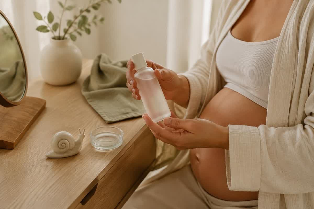 Faceless pregnant person holding an unlabelled skincare essence beside a small ceramic snail at a pale oak vanity