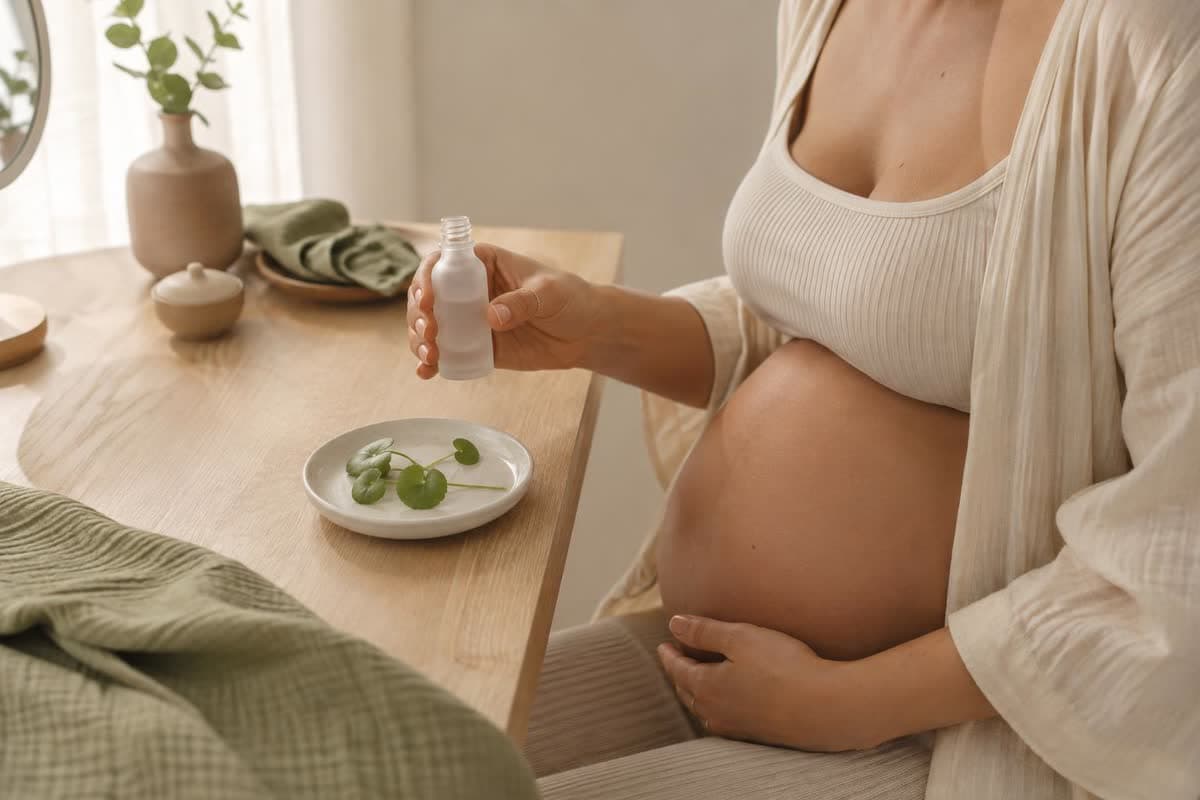 Faceless pregnant person holding an unlabelled cica serum beside Centella leaves at a warm oak vanity