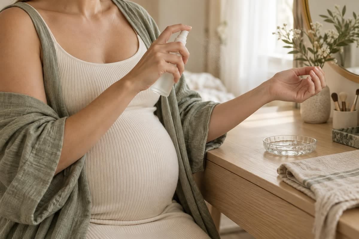 Personne enceinte sans visage visible tenant un flacon-brume sans étiquette vers son avant-bras devant une coiffeuse en chêne clair
