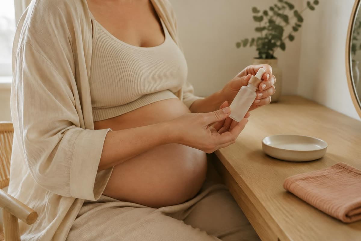 Personne enceinte sans visage tenant un sérum sans étiquette devant une coiffeuse en chêne éclairée naturellement
