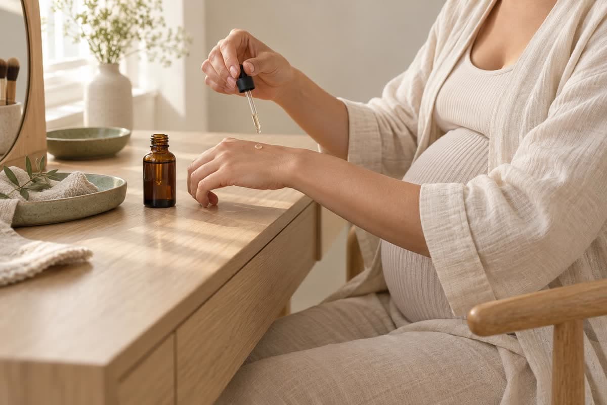 Faceless pregnant person applying a clear oil from an unlabelled amber dropper bottle to the forearm at a pale oak vanity