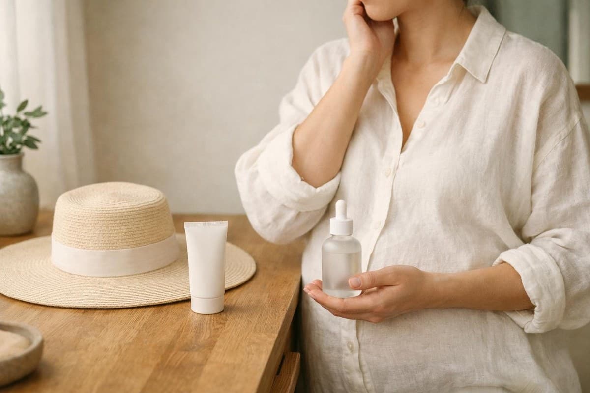 Faceless pregnant person holding an unlabelled skincare serum beside sunscreen in soft natural light