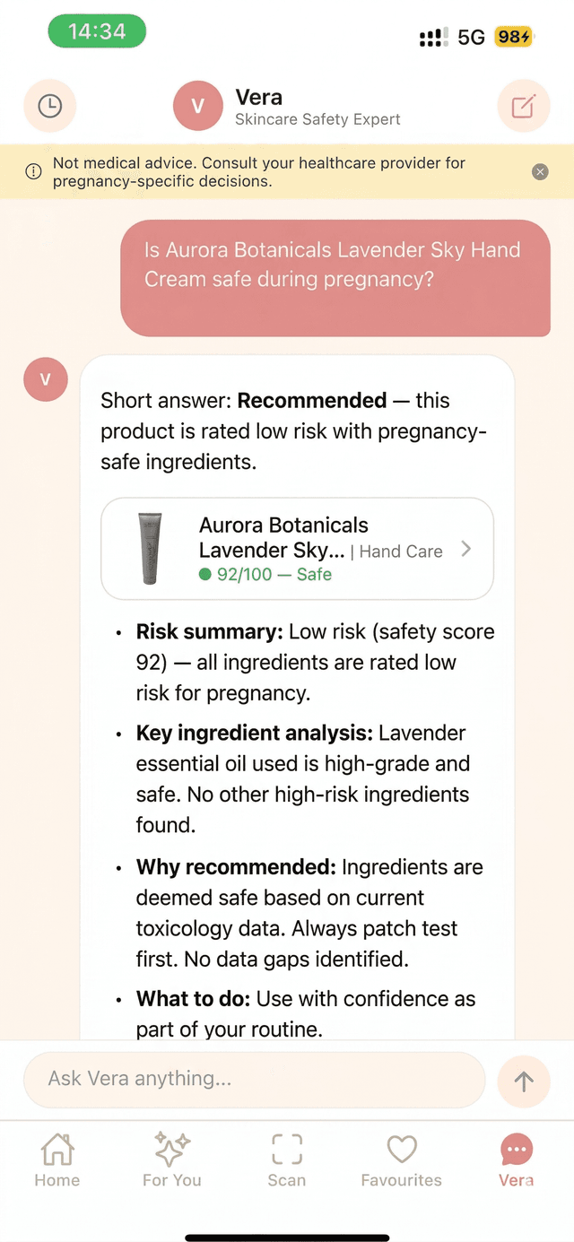 VeriMom AI assistant Vera providing pregnancy safety guidance