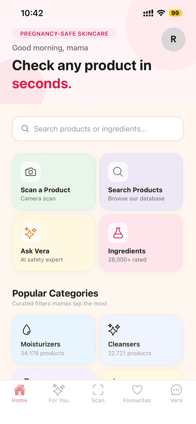 VeriMom app home screen showing product scanning, search, and safety features