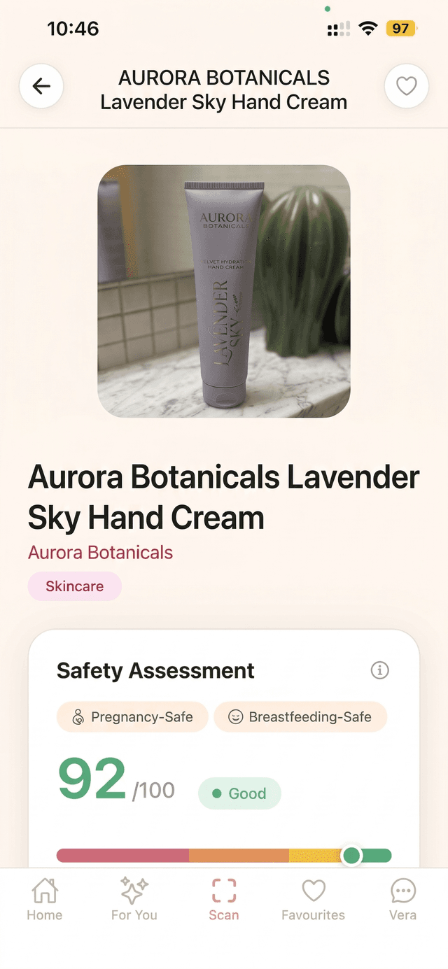 VeriMom product detail with safety score and ingredient breakdown